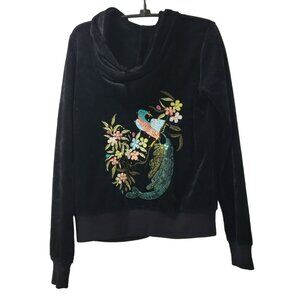 BCBG Max Azria Black Velour Hooded Jacket, Women's Small, Embellished Hooded Zip